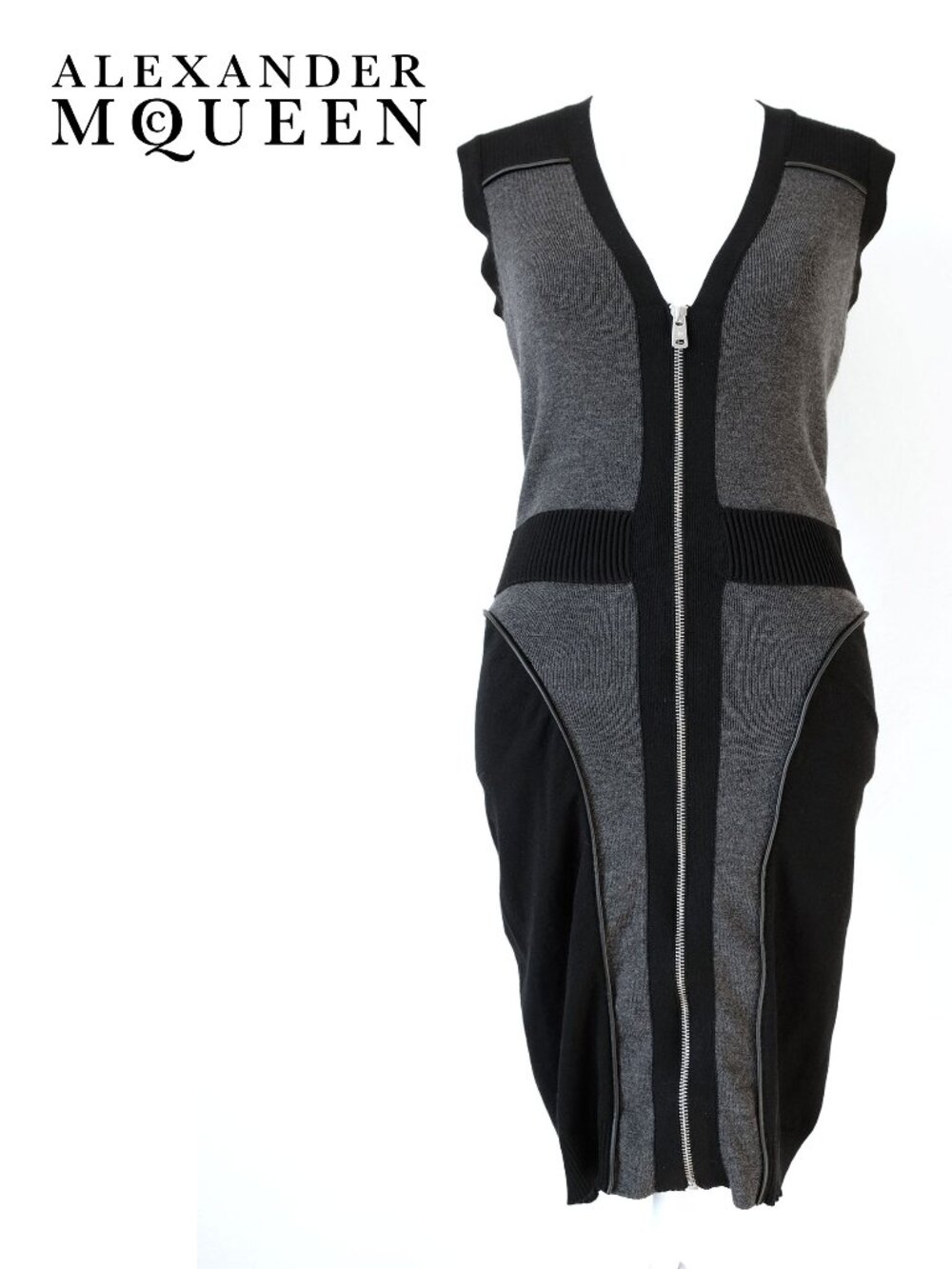 Alexander McQueen Bodycon Paneled Knit Dress with piping, Black/Charcoal, Size M